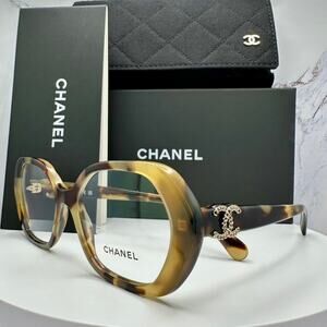 New CHANEL Eyeglasses Brown Gold Chain CC Square Acetate Womens